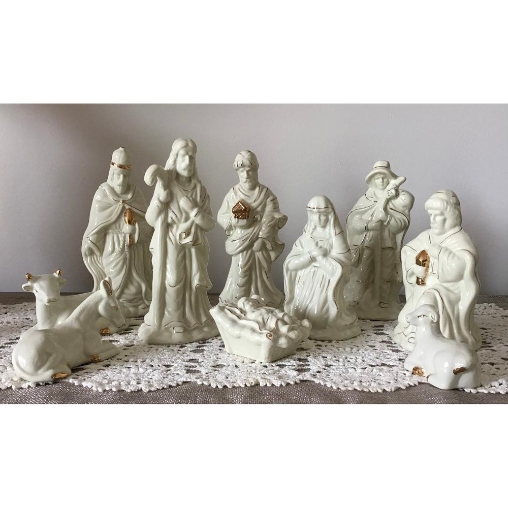 Vintage 10 Piece Porcelain Nativity Set Cream Ivory Gold Trim Figures No Chips